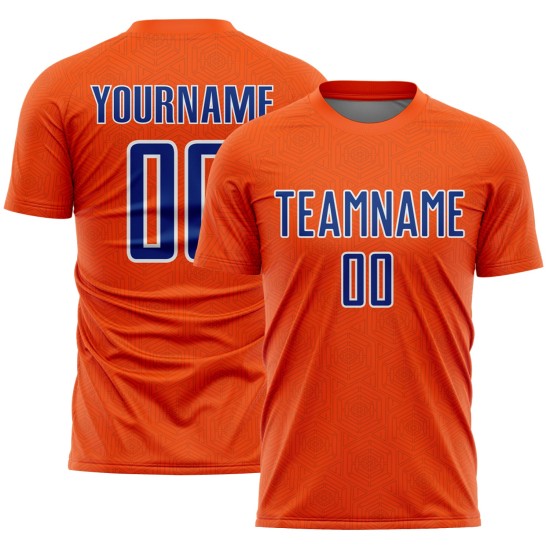 Custom Shape Uniform Sports Geometric Soccer Jersey Sublimation Orange Royal-White Custom Shape Uniform Sports Geometric Soccer Jersey Sublimation Orange Royal-White